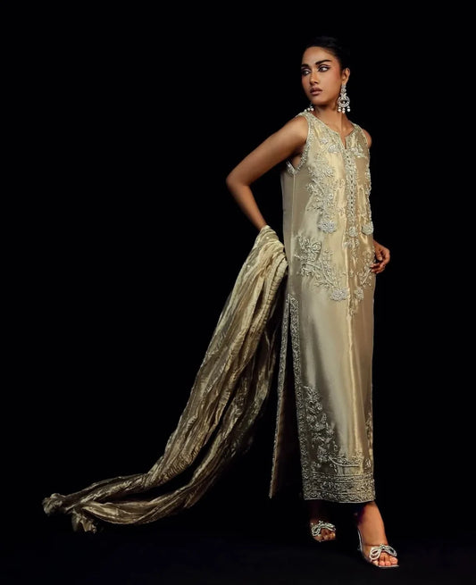 Ayra luxury formal dress by Bisma Noor featuring elegant hand-embellished silk outfit with pure raw silk shirt decorated with intricate resham embroidery, floral motifs and delicate sequin work, paired with stylish straight pants and digitally printed silk dupatta with soft multi-color floral pattern, premium Pakistani designer outfit perfect for weddings, festive occasions and formal events with refined luxury aesthetic