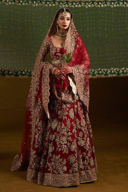 Full view of intricate embroidery on Hussain Rehar Qashqaye ruby bridal pishwas
