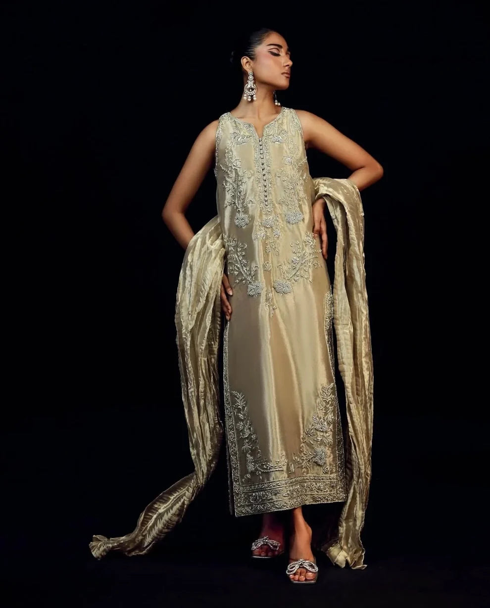 Ayra luxury formal dress by Bisma Noor featuring elegant hand-embellished silk outfit with pure raw silk shirt decorated with intricate resham embroidery, floral motifs and delicate sequin work, paired with stylish straight pants and digitally printed silk dupatta with soft multi-color floral pattern, premium Pakistani designer outfit perfect for weddings, festive occasions and formal events with refined luxury aesthetic.