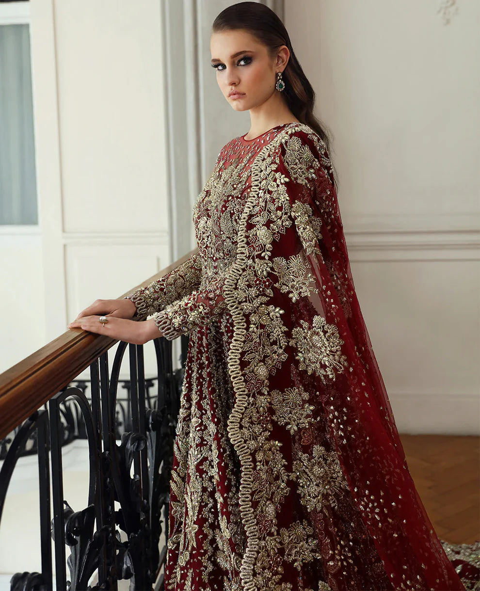Amarilla Republic Womenswear luxury bridal gown front view featuring multi-panel net silhouette with heavy hand embellishments including naqshi, dabka, kora and Swarovski crystals, elegant jewel neckline design with intricate resham embroidery, paired with scalloped embroidered dupatta and rich mukaish spray detailing, perfect couture wedding dress for brides, receptions and high-end formal events