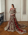 Amarilla Republic Womenswear luxury bridal gown front view featuring multi-panel net silhouette with heavy hand embellishments including naqshi, dabka, kora and Swarovski crystals, elegant jewel neckline design with intricate resham embroidery, paired with scalloped embroidered dupatta and rich mukaish spray detailing, perfect couture wedding dress for brides, receptions and high-end formal events
