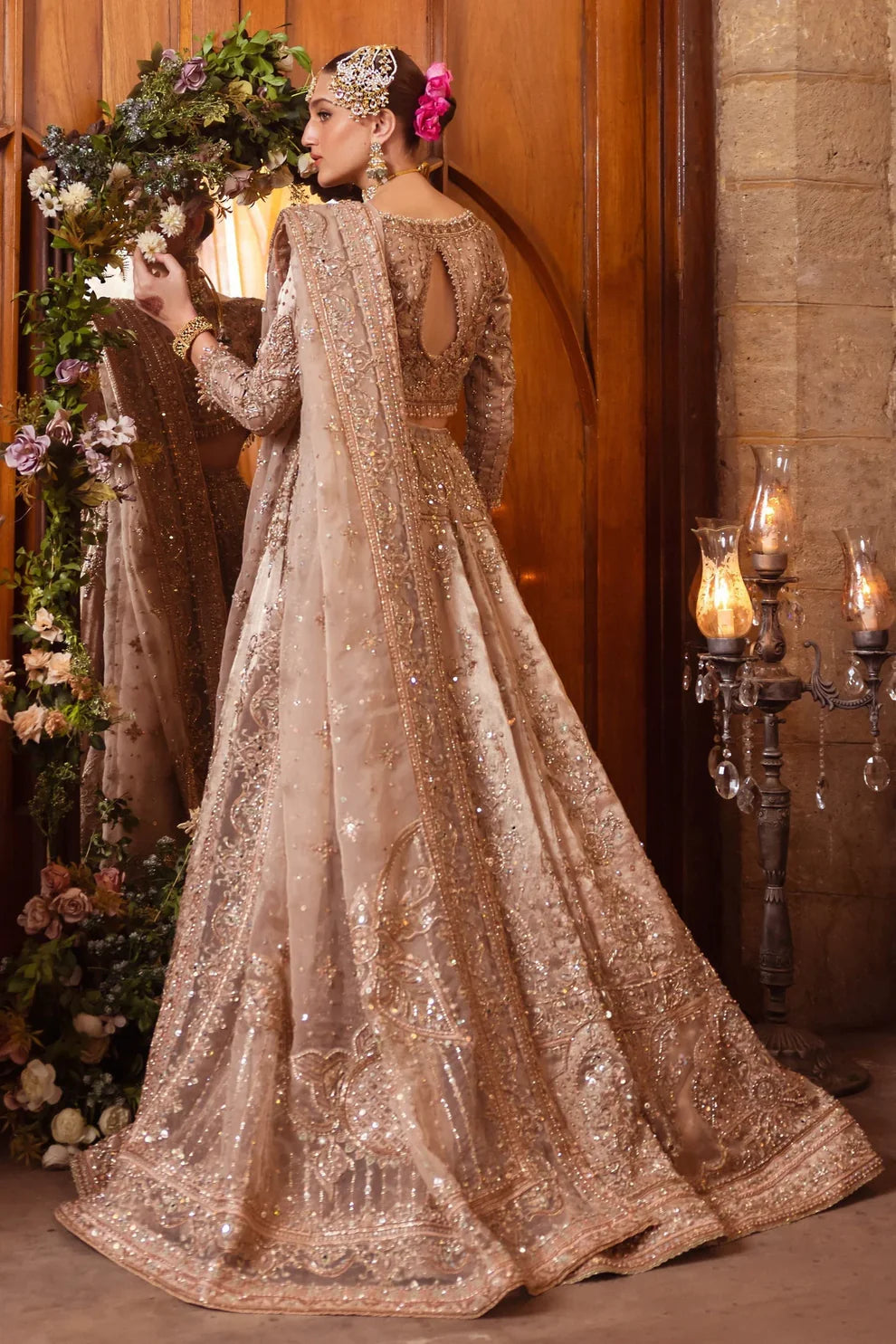 Naqshi Shabaab luxury formal couture outfit front view featuring heavily hand-embellished long shirt with intricate naqshi, dabka, kora, sitara, cutdana and crystal embroidery arranged in rich Mughal inspired floral and geometric patterns, detailed neckline and sleeves with full adda work, paired with matching embroidered trousers and heavily decorated dupatta with ornate borders, fine resham threadwork and shimmering sequin spray, premium Pakistani designer outfit perfect for weddings, festive occasions, 