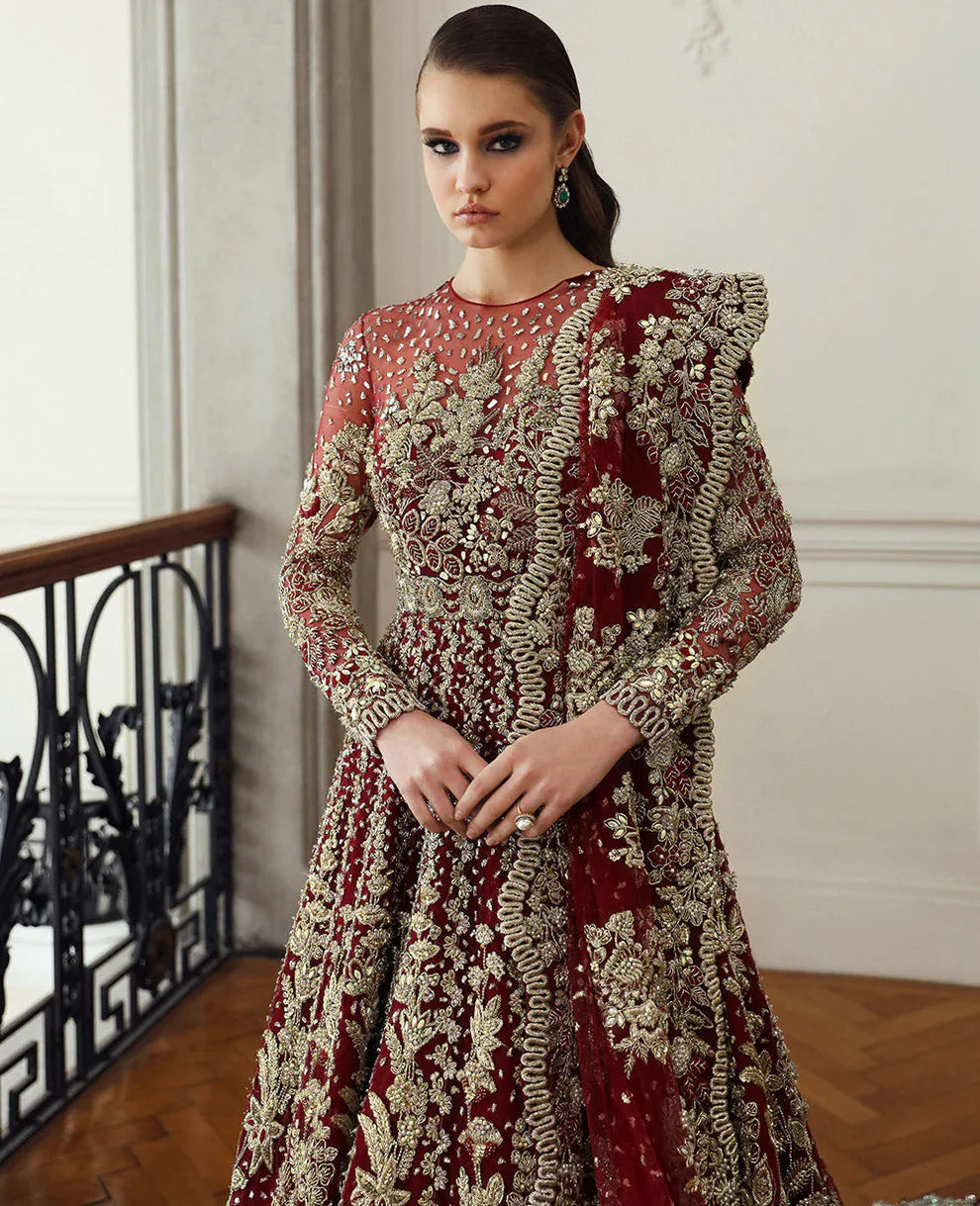 Amarilla Republic Womenswear luxury bridal gown front view featuring multi-panel net silhouette with heavy hand embellishments including naqshi, dabka, kora and Swarovski crystals, elegant jewel neckline design with intricate resham embroidery, paired with scalloped embroidered dupatta and rich mukaish spray detailing, perfect couture wedding dress for brides, receptions and high-end formal events