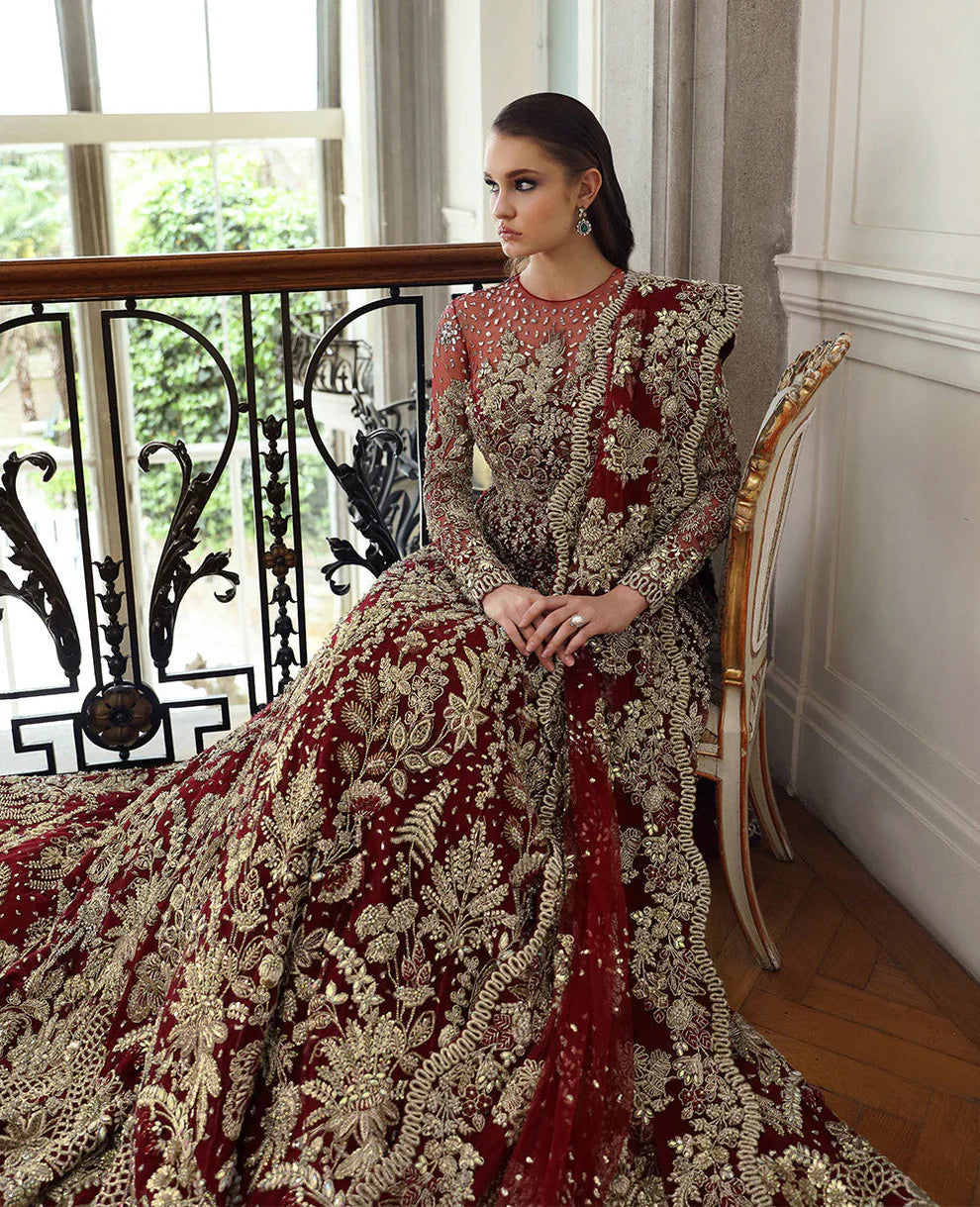Amarilla Republic Womenswear luxury bridal gown front view featuring multi-panel net silhouette with heavy hand embellishments including naqshi, dabka, kora and Swarovski crystals, elegant jewel neckline design with intricate resham embroidery, paired with scalloped embroidered dupatta and rich mukaish spray detailing, perfect couture wedding dress for brides, receptions and high-end formal events