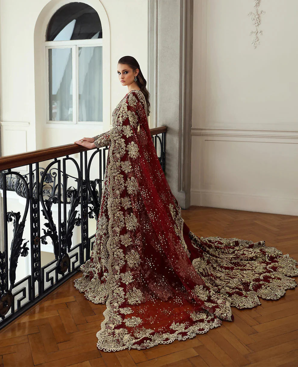 Amarilla Republic Womenswear luxury bridal gown front view featuring multi-panel net silhouette with heavy hand embellishments including naqshi, dabka, kora and Swarovski crystals, elegant jewel neckline design with intricate resham embroidery, paired with scalloped embroidered dupatta and rich mukaish spray detailing, perfect couture wedding dress for brides, receptions and high-end formal events
