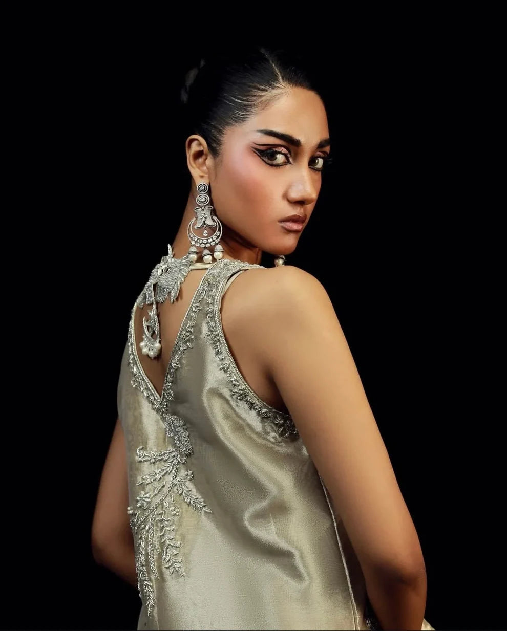 Ayra luxury formal dress by Bisma Noor featuring elegant hand-embellished silk outfit with pure raw silk shirt decorated with intricate resham embroidery, floral motifs and delicate sequin work, paired with stylish straight pants and digitally printed silk dupatta with soft multi-color floral pattern, premium Pakistani designer outfit perfect for weddings, festive occasions and formal events with refined luxury aesthetic