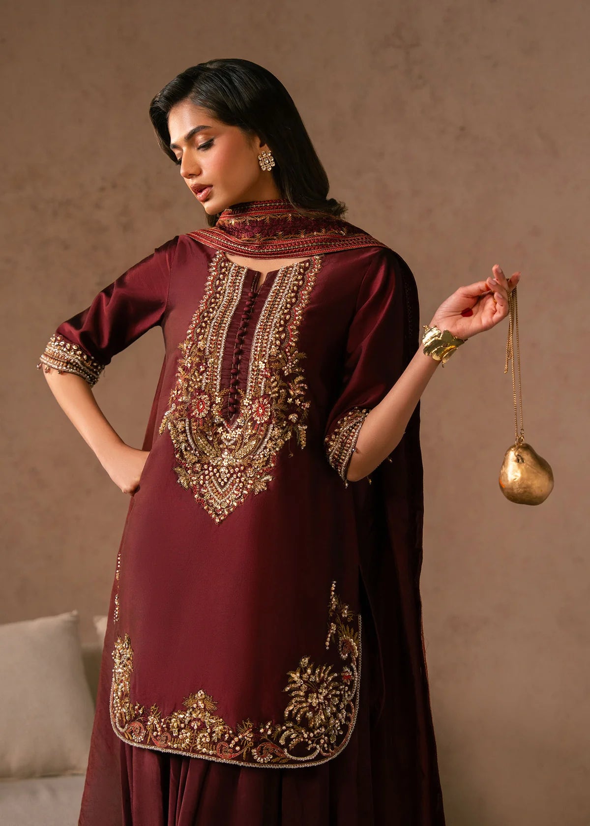 Siena luxury formal embroidered dress for women by Bisma Noor front view
Siena designer embroidered outfit with dupatta elegant look
Pakistani luxury formal dress Siena detailed embroidery close up
Siena formal dress full length with chiffon dupatta
Elegant Siena outfit for weddings and festive wear