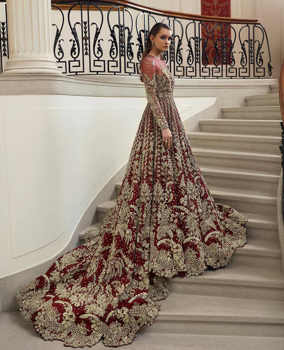 Amarilla Republic Womenswear luxury bridal gown front view featuring multi-panel net silhouette with heavy hand embellishments including naqshi, dabka, kora and Swarovski crystals, elegant jewel neckline design with intricate resham embroidery, paired with scalloped embroidered dupatta and rich mukaish spray detailing, perfect couture wedding dress for brides, receptions and high-end formal events