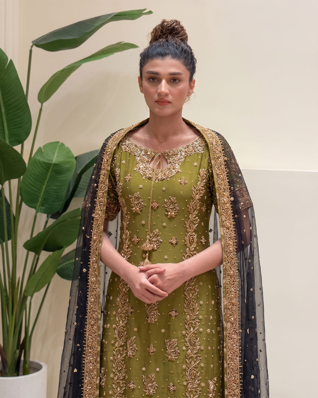 Rehma Zaman luxury embroidered net dress with orange silk trouser and net dupatta by Bisma Noor