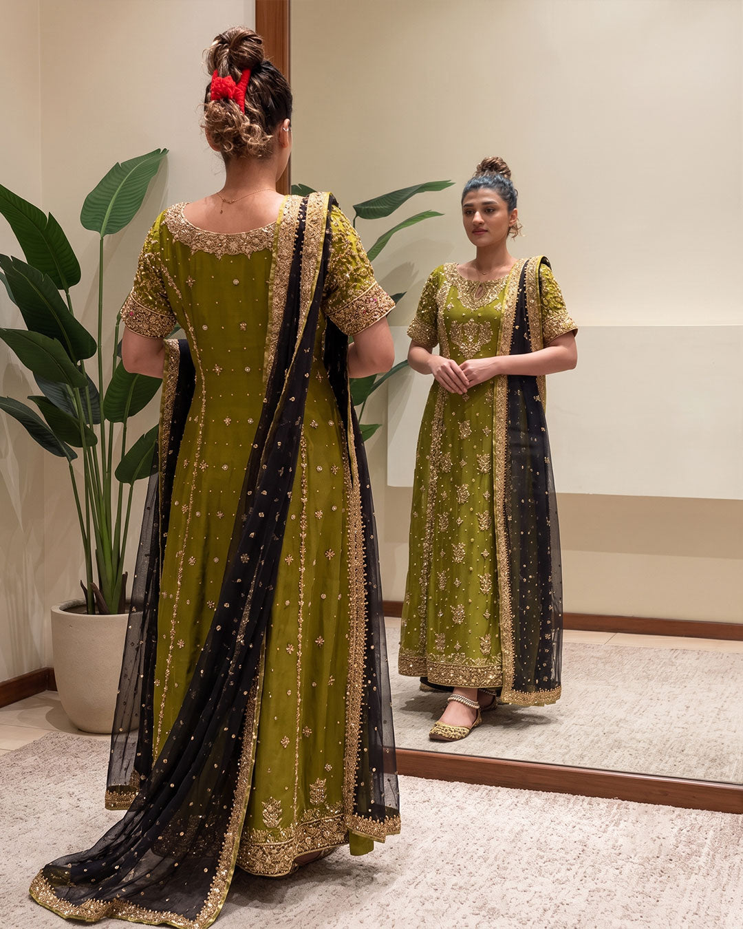 Rehma Zaman luxury embroidered net dress with orange silk trouser and net dupatta by Bisma Noor