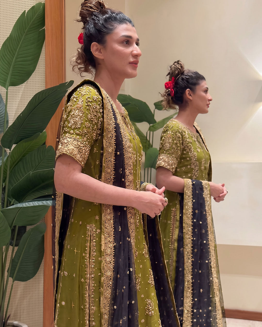 Rehma Zaman luxury embroidered net dress with orange silk trouser and net dupatta by Bisma Noor 3