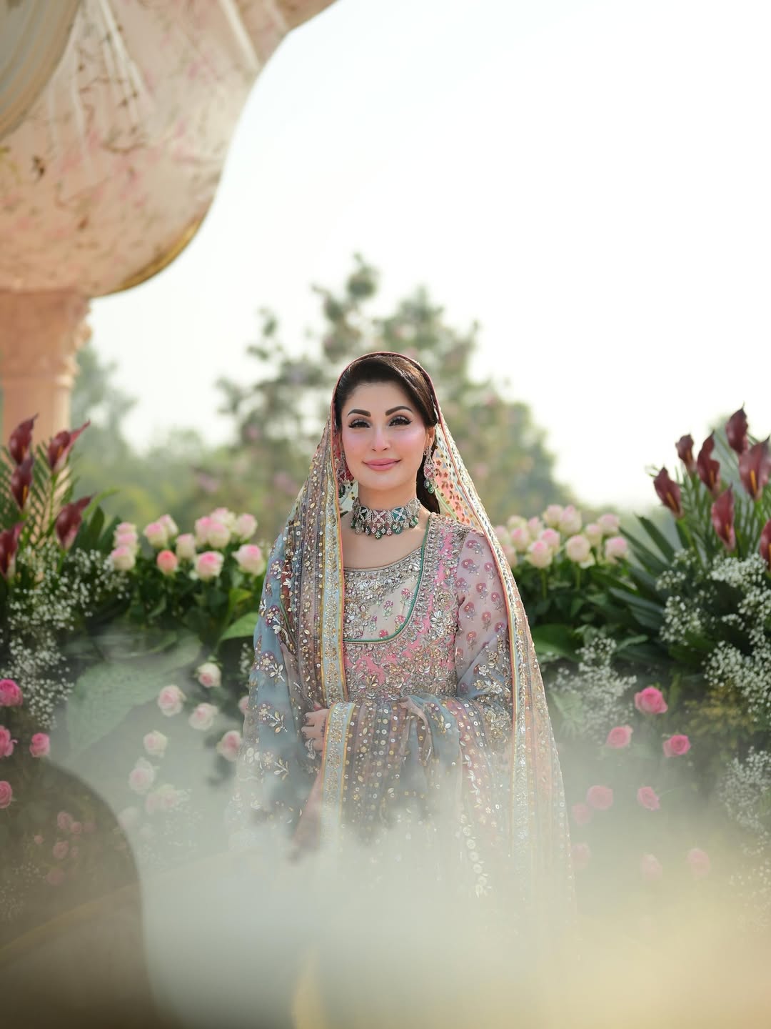 Nomi Ansari Maryam Nawaz pastel outfit front view luxury dress
Pastel pink and mint embroidered formal dress with dupatta
