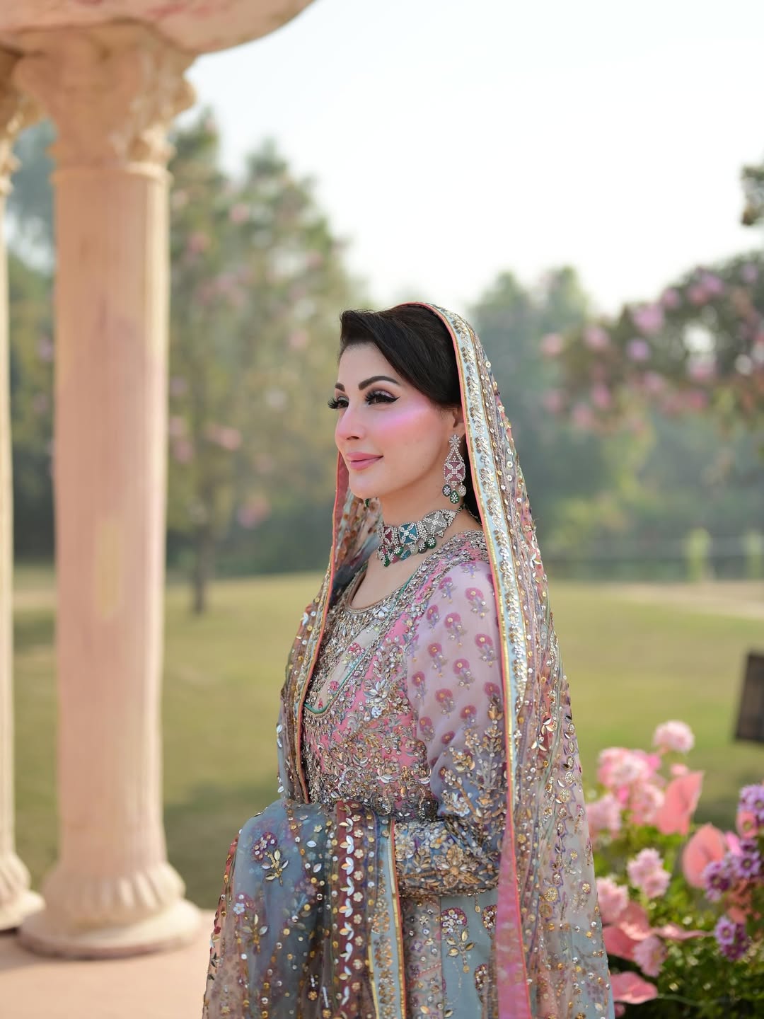 Nomi Ansari Maryam Nawaz pastel outfit front view luxury dress
Pastel pink and mint embroidered formal dress with dupatta