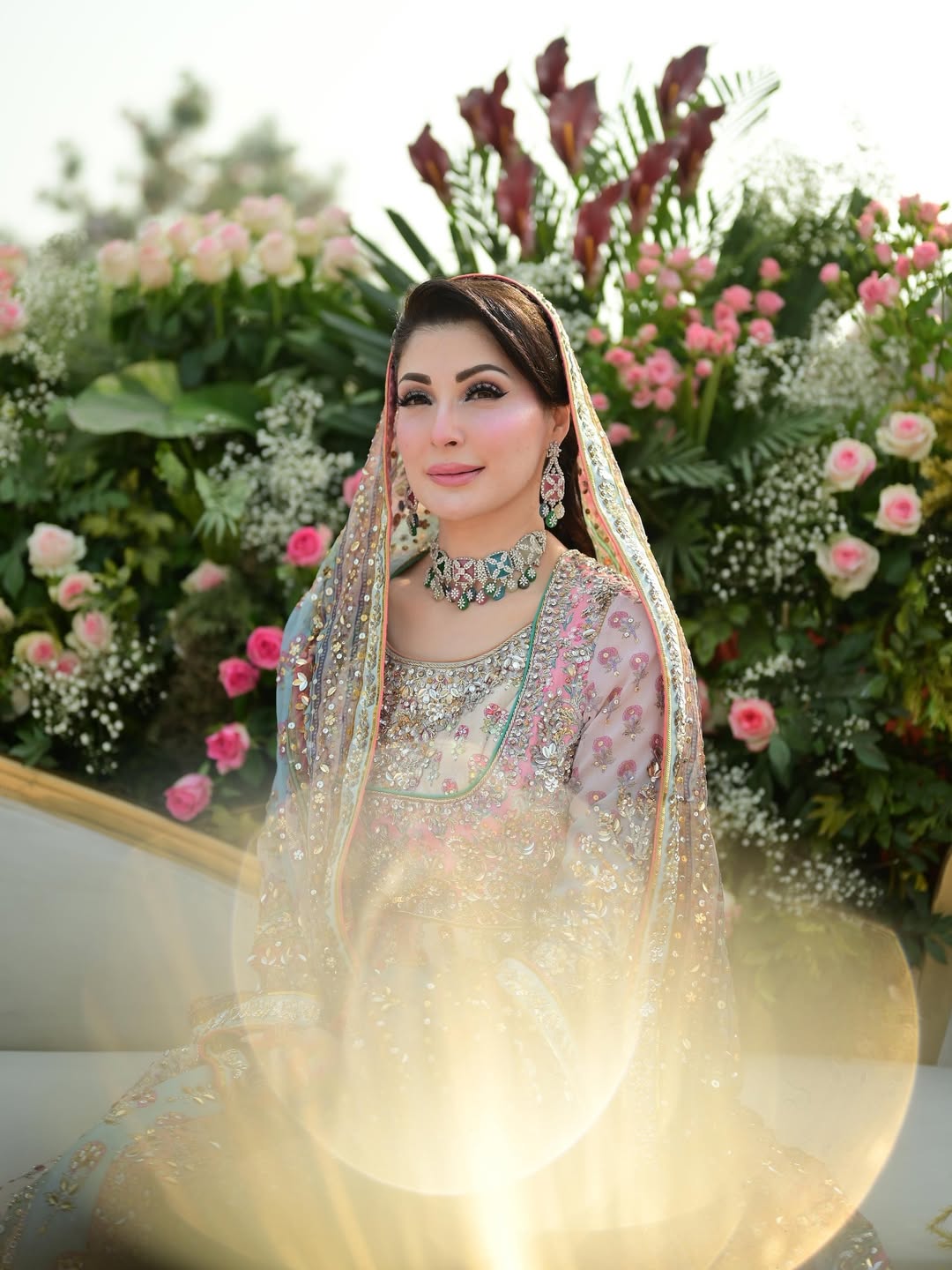 Nomi Ansari Maryam Nawaz pastel outfit front view luxury dress
Pastel pink and mint embroidered formal dress with dupatta