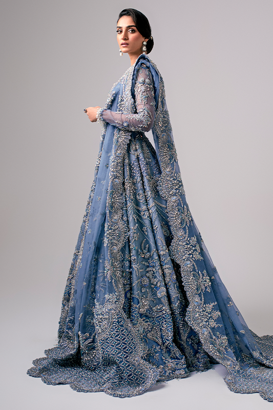 Aarzu Nyra Couture bridal outfit heavy resham naqshi and dabka embroidery
Elegant wedding lehenga choli sky blue with pearls and sequin detailing
Premium bridal ensemble full look Aarzu The Nyra Couture