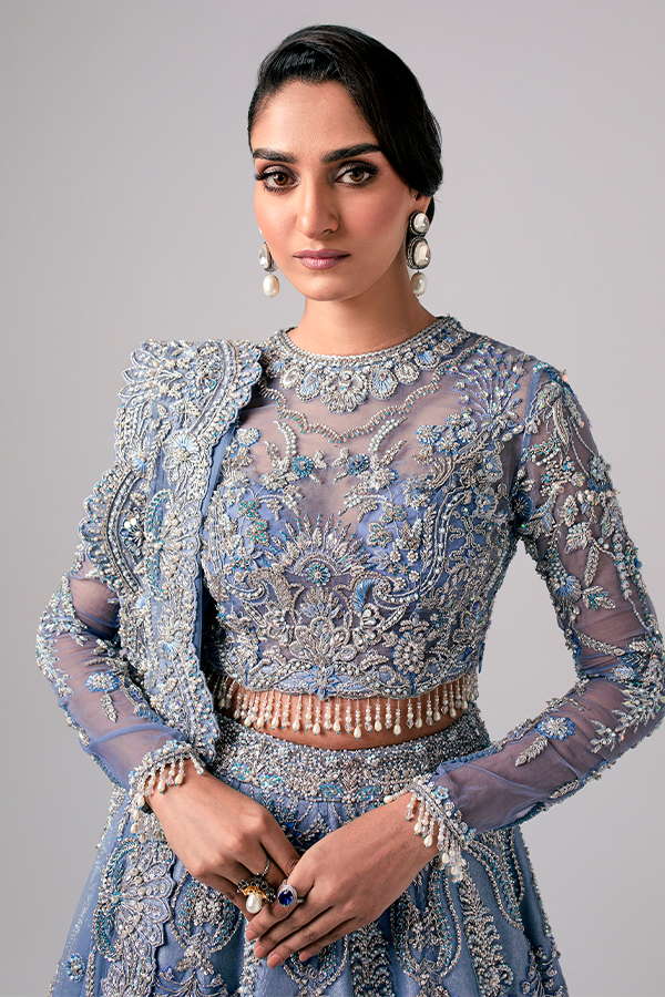 Aarzu Nyra Couture bridal outfit heavy resham naqshi and dabka embroidery
Elegant wedding lehenga choli sky blue with pearls and sequin detailing
Premium bridal ensemble full look Aarzu The Nyra Couture