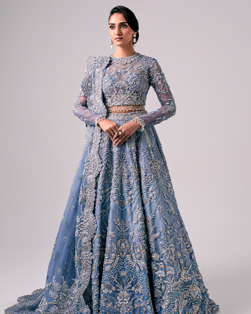 Aarzu Nyra Couture bridal outfit heavy resham naqshi and dabka embroidery
Elegant wedding lehenga choli sky blue with pearls and sequin detailing
Premium bridal ensemble full look Aarzu The Nyra Couture
