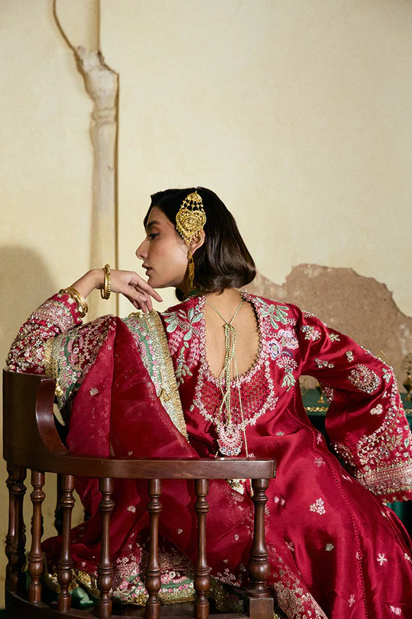 Afsanae Suffuse luxury red embroidered formal dress front view
Red silk embroidered designer outfit Afsanae by Suffuse
Luxury wedding wear Afsanae dress with organza dupatta