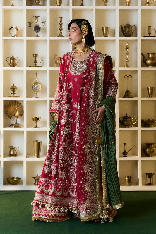 Afsanae Suffuse luxury red embroidered formal dress front view
Red silk embroidered designer outfit Afsanae by Suffuse
Luxury wedding wear Afsanae dress with organza dupatta