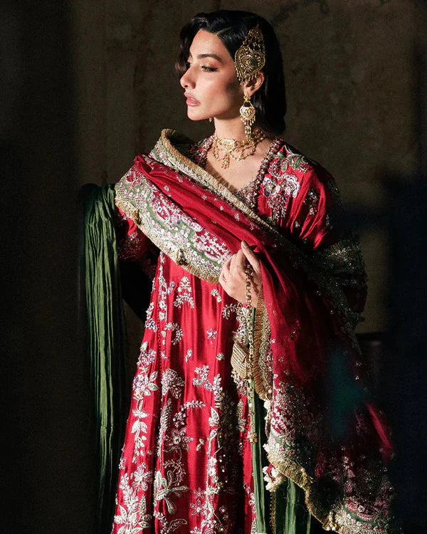 Afsanae Suffuse luxury red embroidered formal dress front view
Red silk embroidered designer outfit Afsanae by Suffuse
Luxury wedding wear Afsanae dress with organza dupatta