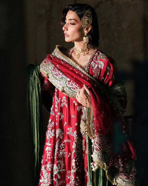 Afsanae Suffuse luxury red embroidered formal dress front view
Red silk embroidered designer outfit Afsanae by Suffuse
Luxury wedding wear Afsanae dress with organza dupatta