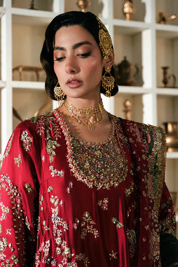 Afsanae Suffuse luxury red embroidered formal dress front view
Red silk embroidered designer outfit Afsanae by Suffuse
Luxury wedding wear Afsanae dress with organza dupatta