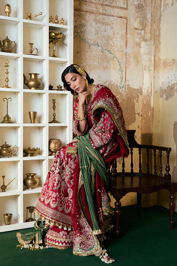 Afsanae Suffuse luxury red embroidered formal dress front view
Red silk embroidered designer outfit Afsanae by Suffuse
Luxury wedding wear Afsanae dress with organza dupatta