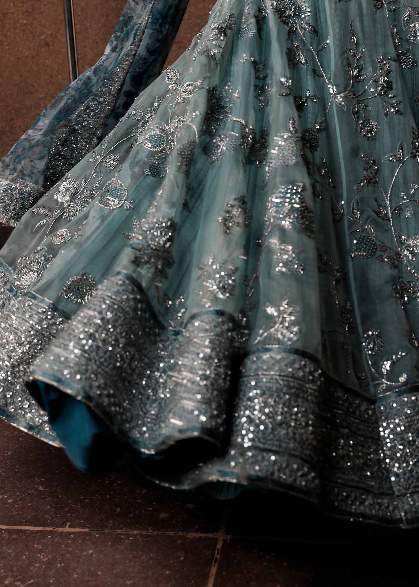 Close view of Astra crushed sharara showing fabric texture and volume