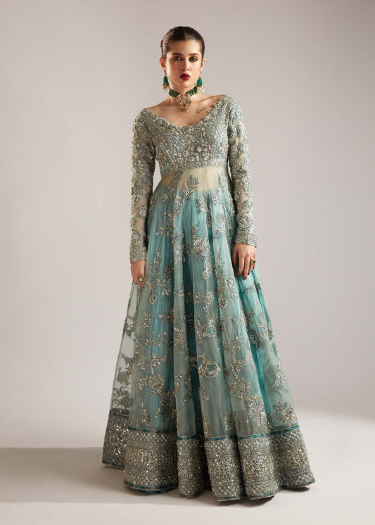 Model wearing Astra ice blue embellished peshwas sharara full front view