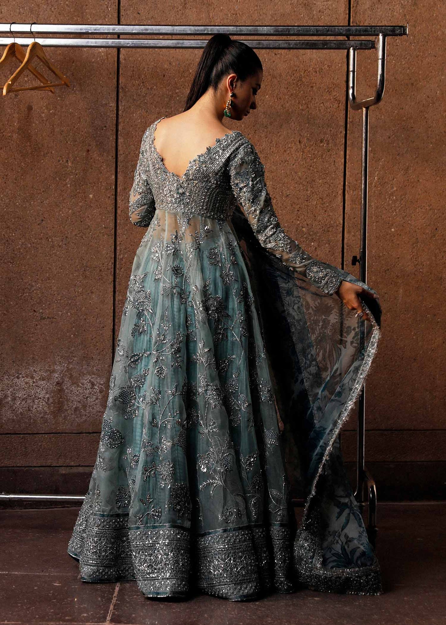 Back view of Astra ice blue peshwas showing heavily embellished bodice