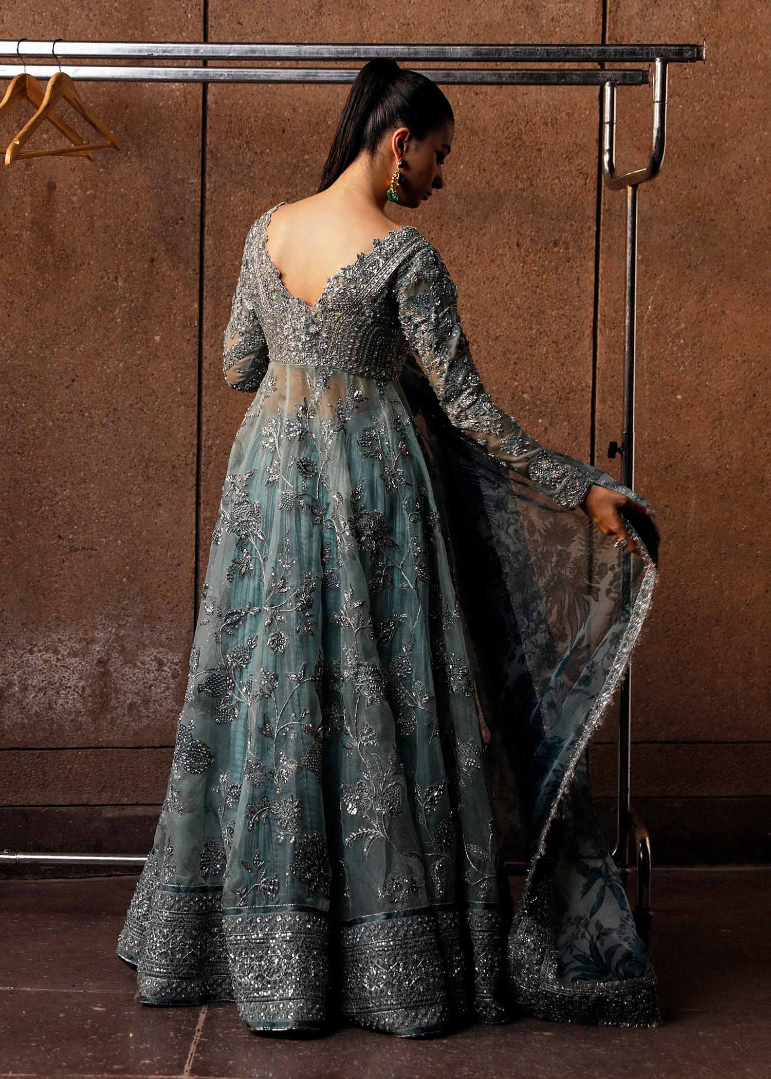Back view of Astra ice blue peshwas showing heavily embellished bodice