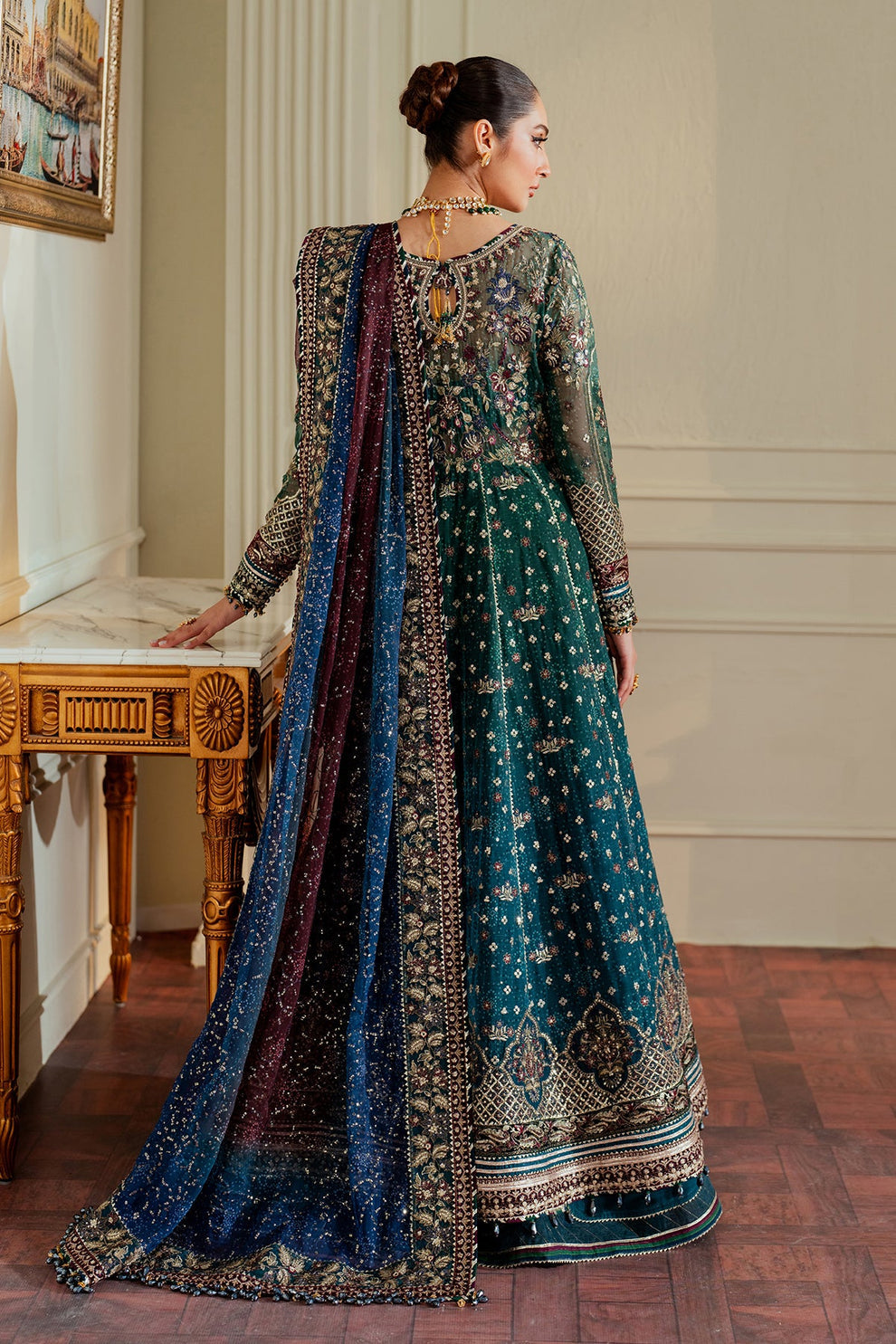 Luxury embroidered chiffon dupatta with sequins and threadwork Baroque
Baroque Chantelle formal outfit unstitched chiffon set close up embroidery
Elegant Baroque Chantelle chiffon outfit 3 piece formal wear look