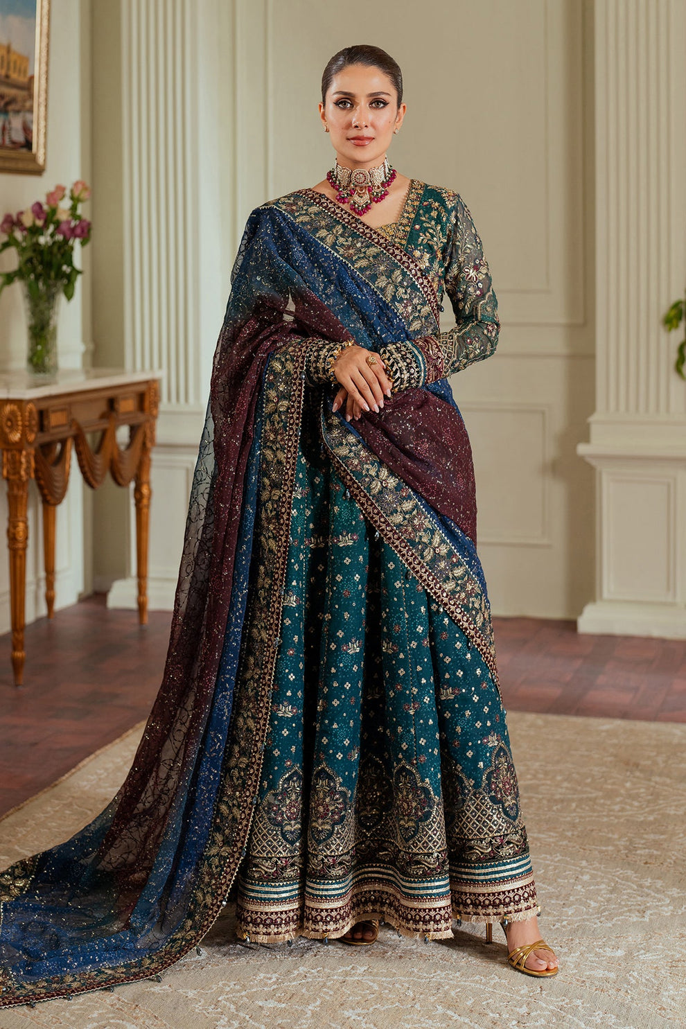 Luxury embroidered chiffon dupatta with sequins and threadwork Baroque
Baroque Chantelle formal outfit unstitched chiffon set close up embroidery
Elegant Baroque Chantelle chiffon outfit 3 piece formal wear look