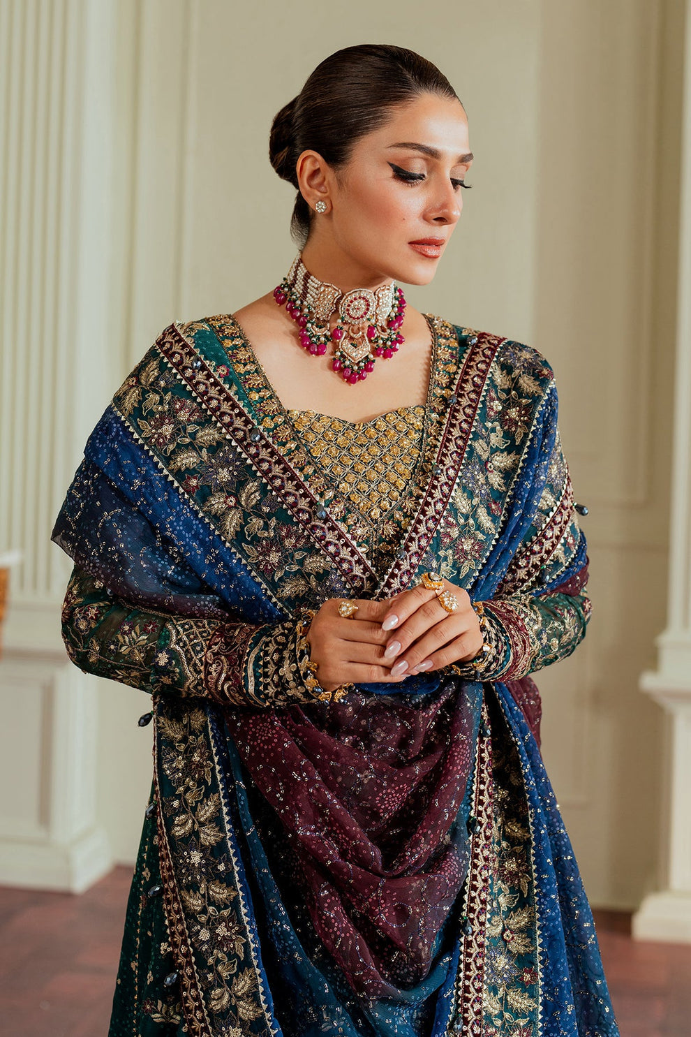 Luxury embroidered chiffon dupatta with sequins and threadwork Baroque
Baroque Chantelle formal outfit unstitched chiffon set close up embroidery
Elegant Baroque Chantelle chiffon outfit 3 piece formal wear look