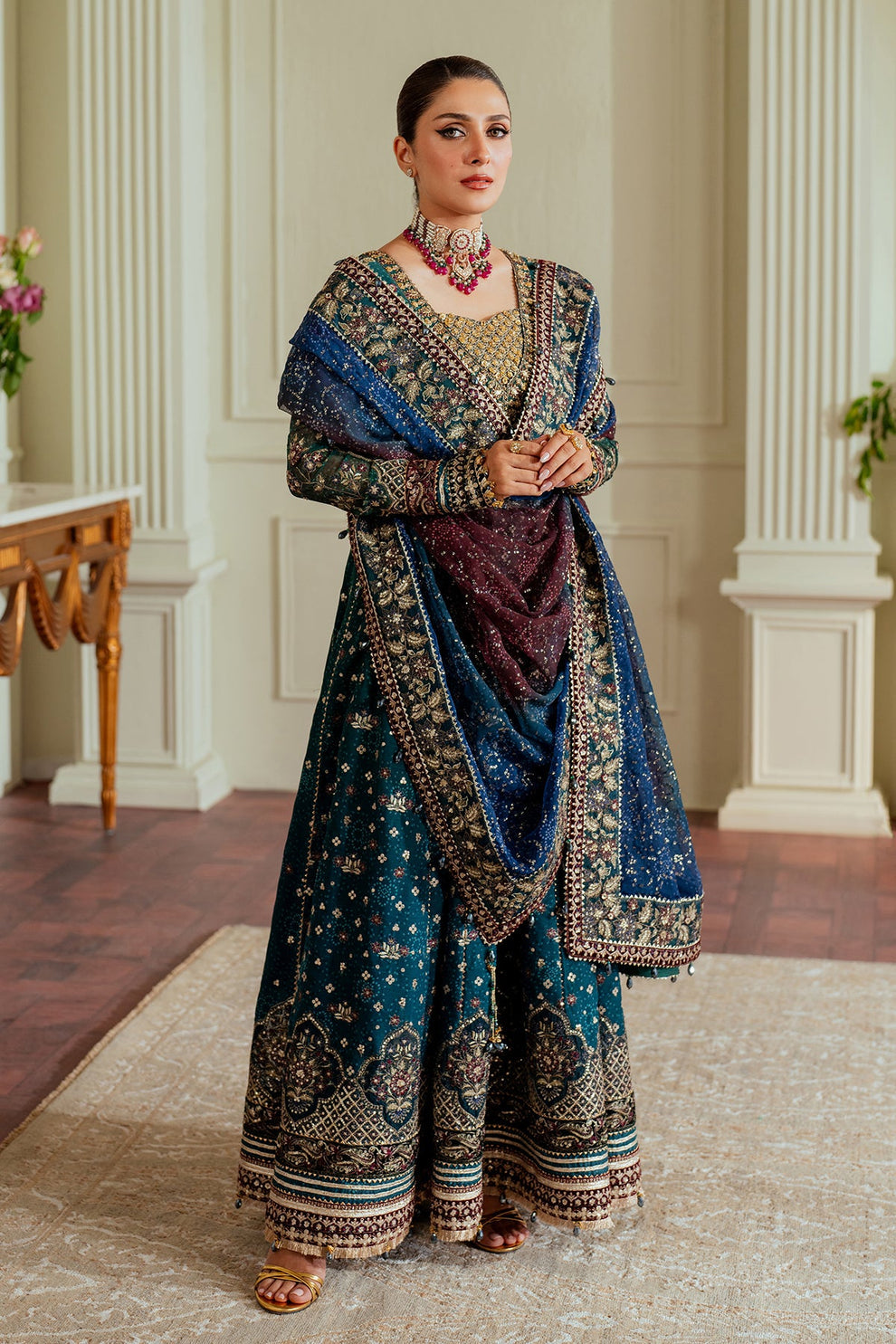 Luxury embroidered chiffon dupatta with sequins and threadwork Baroque
Baroque Chantelle formal outfit unstitched chiffon set close up embroidery
Elegant Baroque Chantelle chiffon outfit 3 piece formal wear look