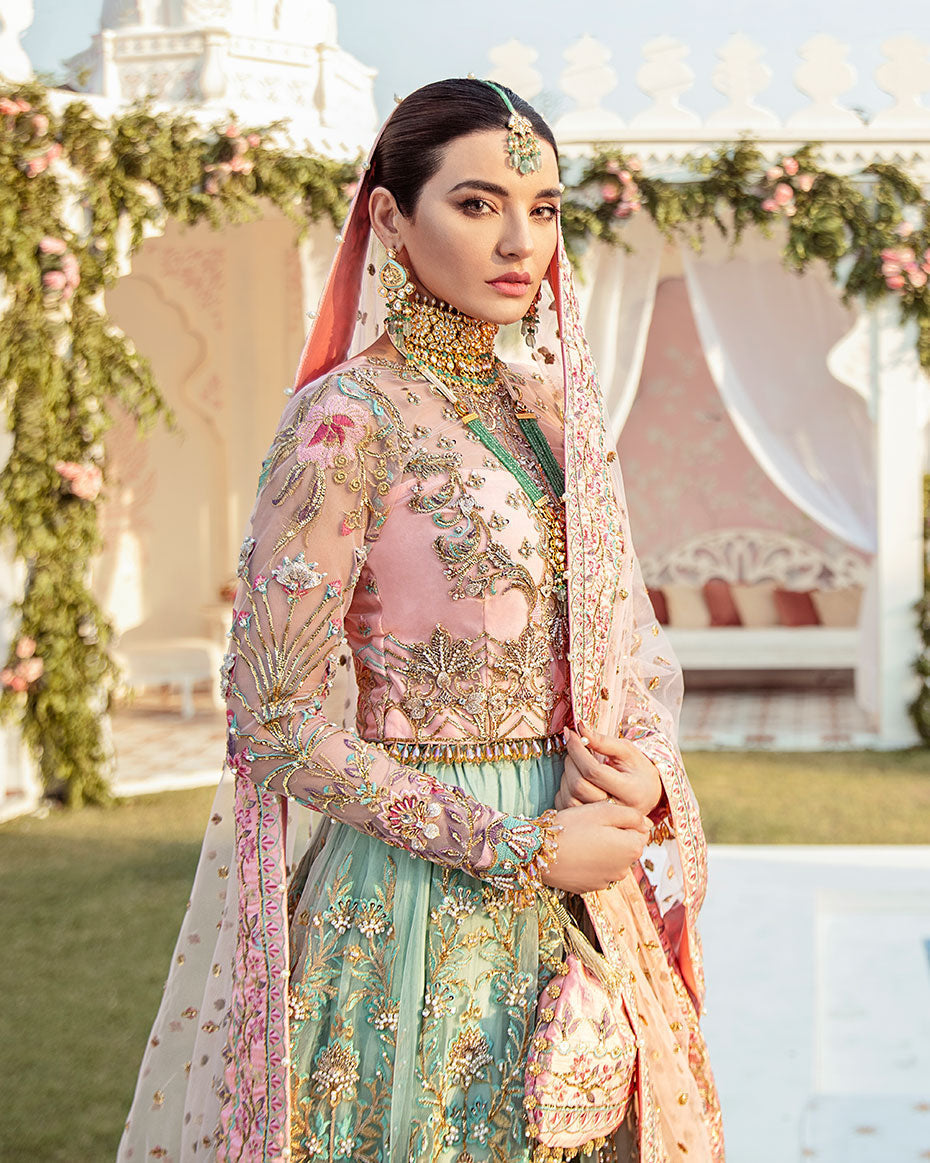 Gulaal Joli luxury rajkumari lehenga choli front view
Gulaal Joli bridal lehenga choli with pink and sea green combination