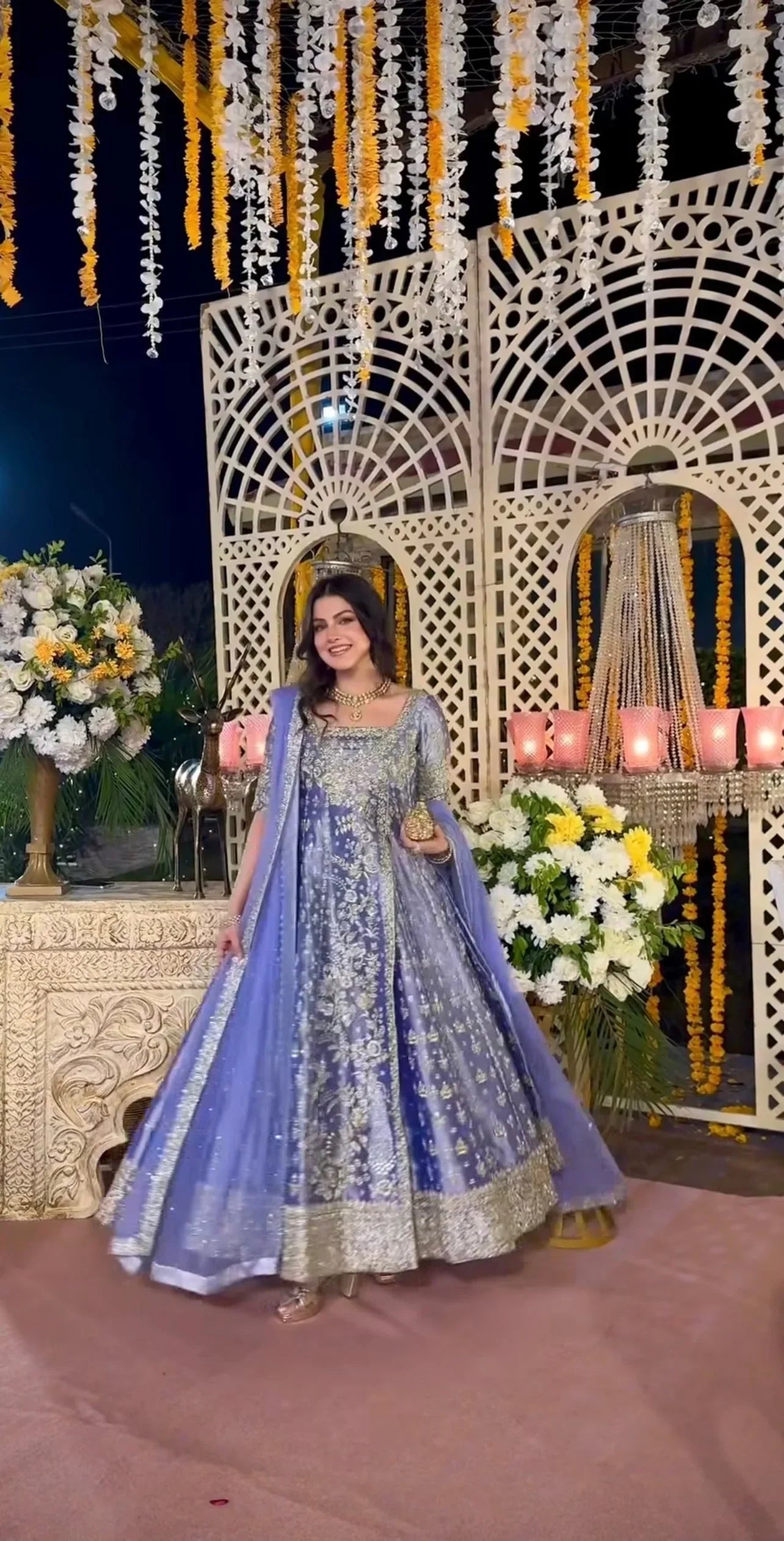 full front view of eyena embroidered 3 piece formal suit with dupatta draped on model showing complete outfit