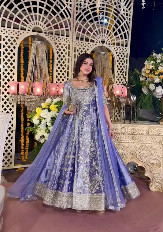 model wearing eyena embroidered 3 piece formal suit full front view