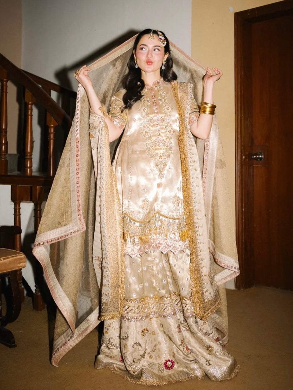 Faiza Samee Golden Wedding Edition bridal dress front view with heavy hand embellishment