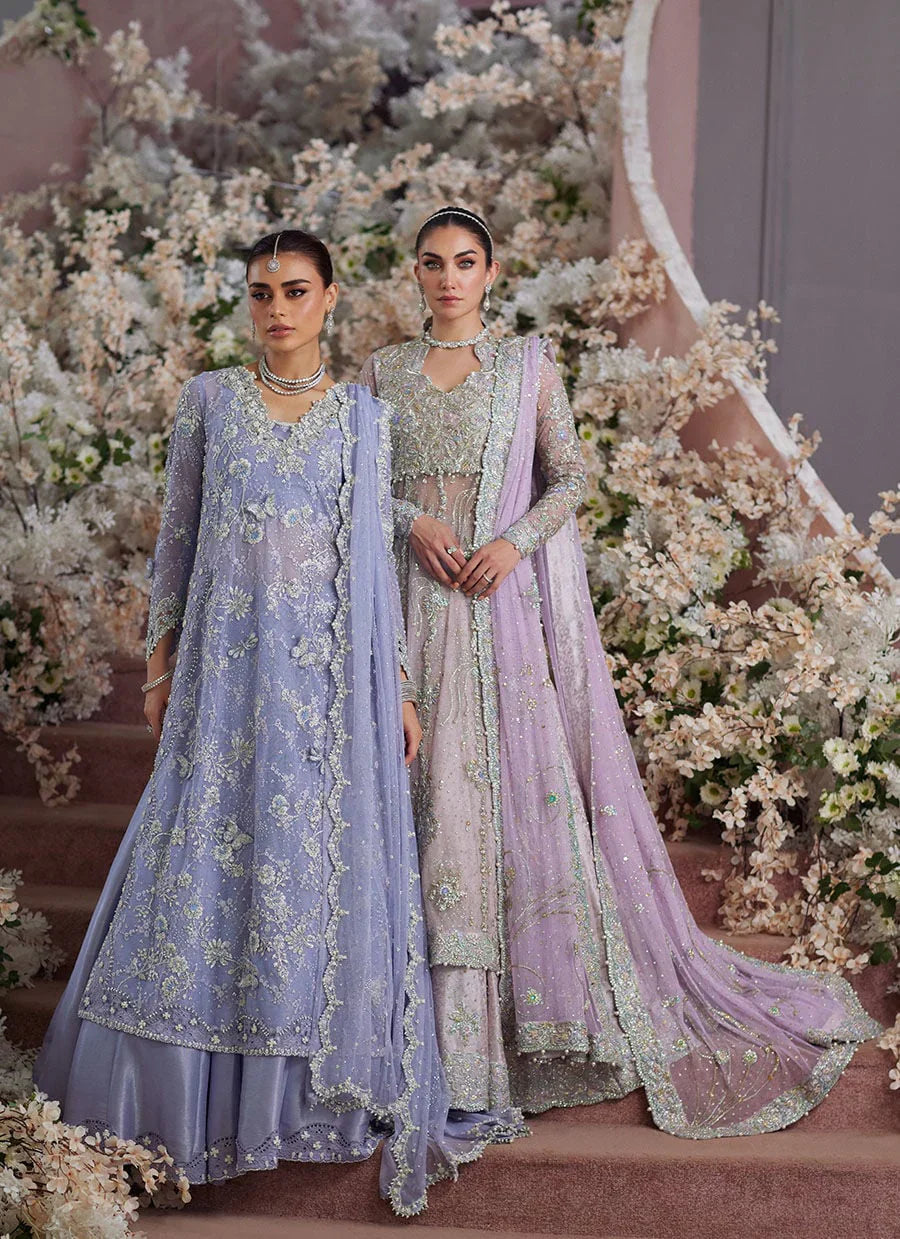 Full front view of Farah Talib Aziz Elanur bridal dresses in lilac and light blue with heavy embroidery