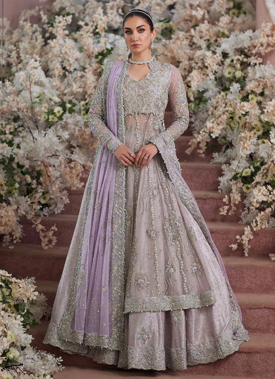Model wearing lilac bridal lehenga by Farah Talib Aziz full front view with embroidered kalidaar