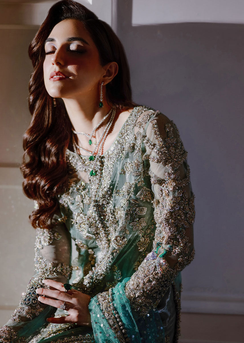 Ferozeah Sara Rohale Asghar luxury aqua embroidered formal dress front view
Aqua luxury formal dress with silver embroidery by Sara Rohale Asghar