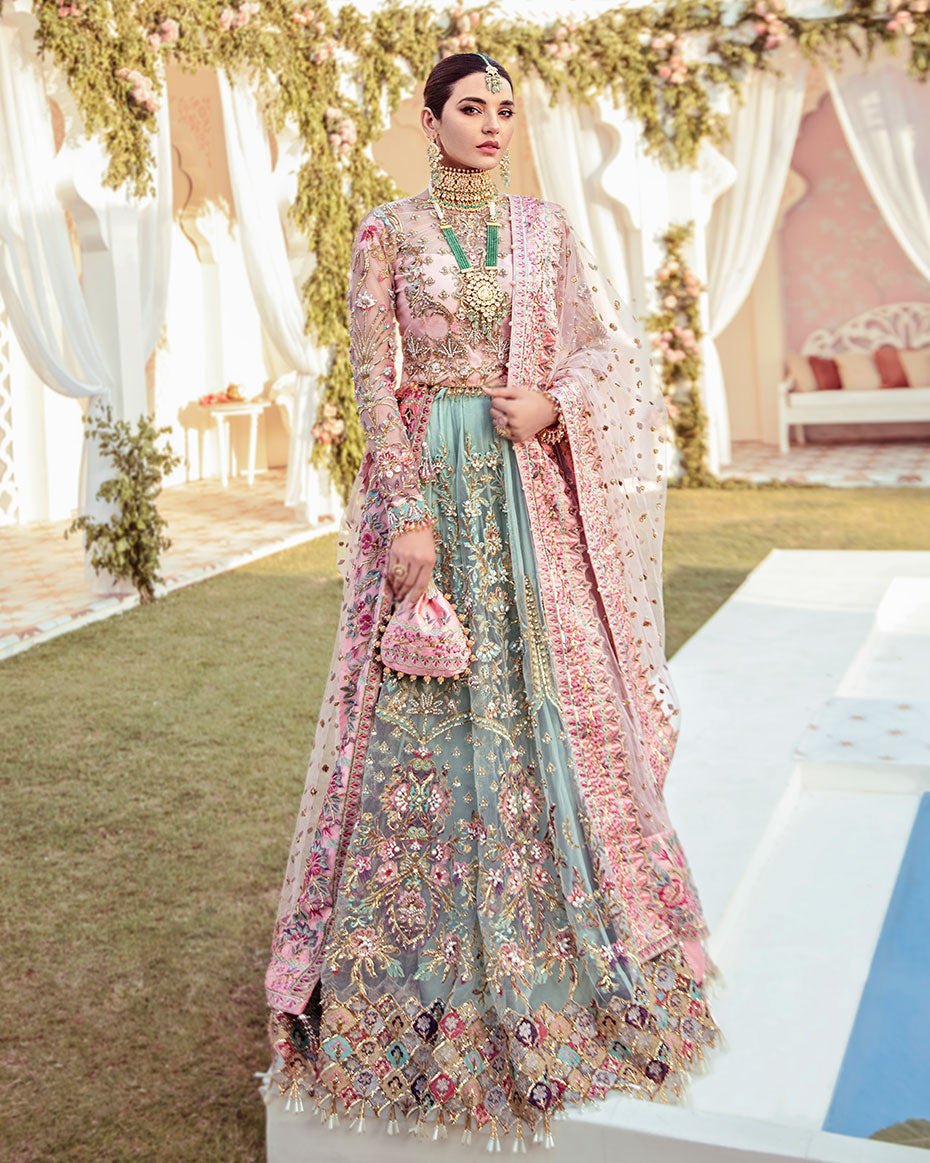 Gulaal Joli luxury rajkumari lehenga choli front view
Gulaal Joli bridal lehenga choli with pink and sea green combination