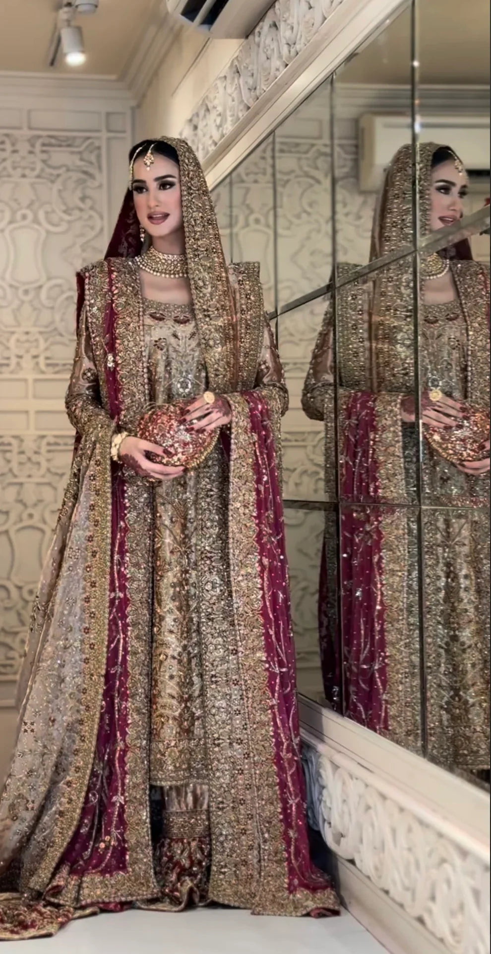 Haris Shakeel Areeba inspired antique blush bridal dress full front view with Mughal embroidery and maroon accents