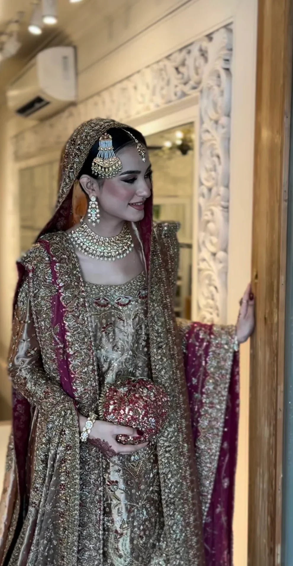 Haris Shakeel Areeba inspired antique blush bridal dress full front view with Mughal embroidery and maroon accents