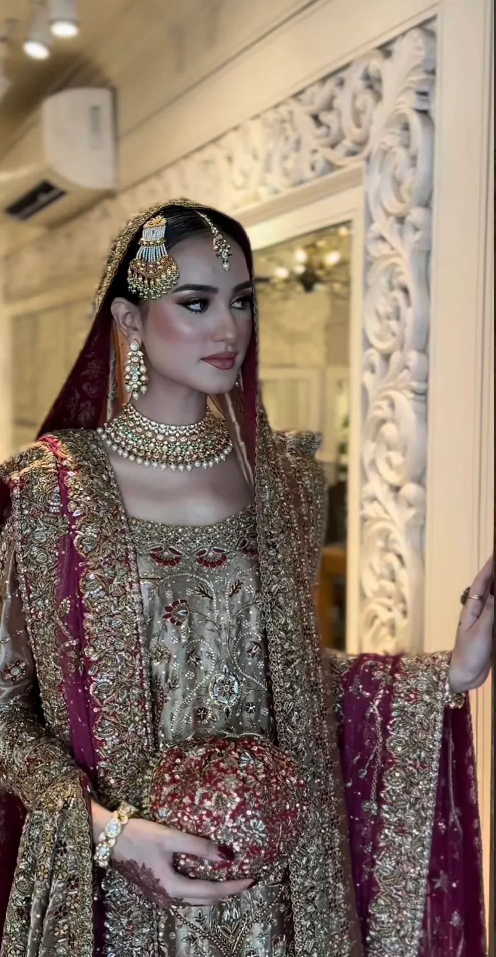 Haris Shakeel Areeba inspired bridal dress front view with heavily bordered dupatta in antique blush