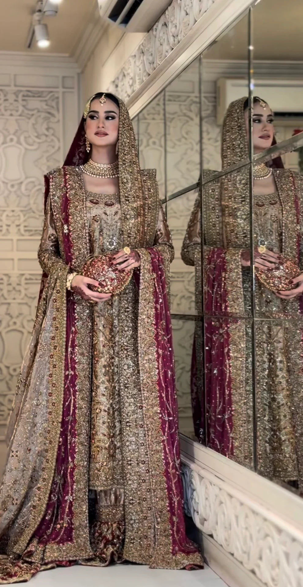 Full length view of Haris Shakeel Areeba inspired antique blush bridal dress with graceful fall and regal look
