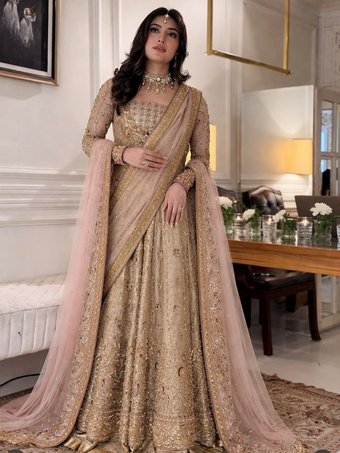 Haris Shakeel gold bridal dress front view with intricate embroidery and traditional design