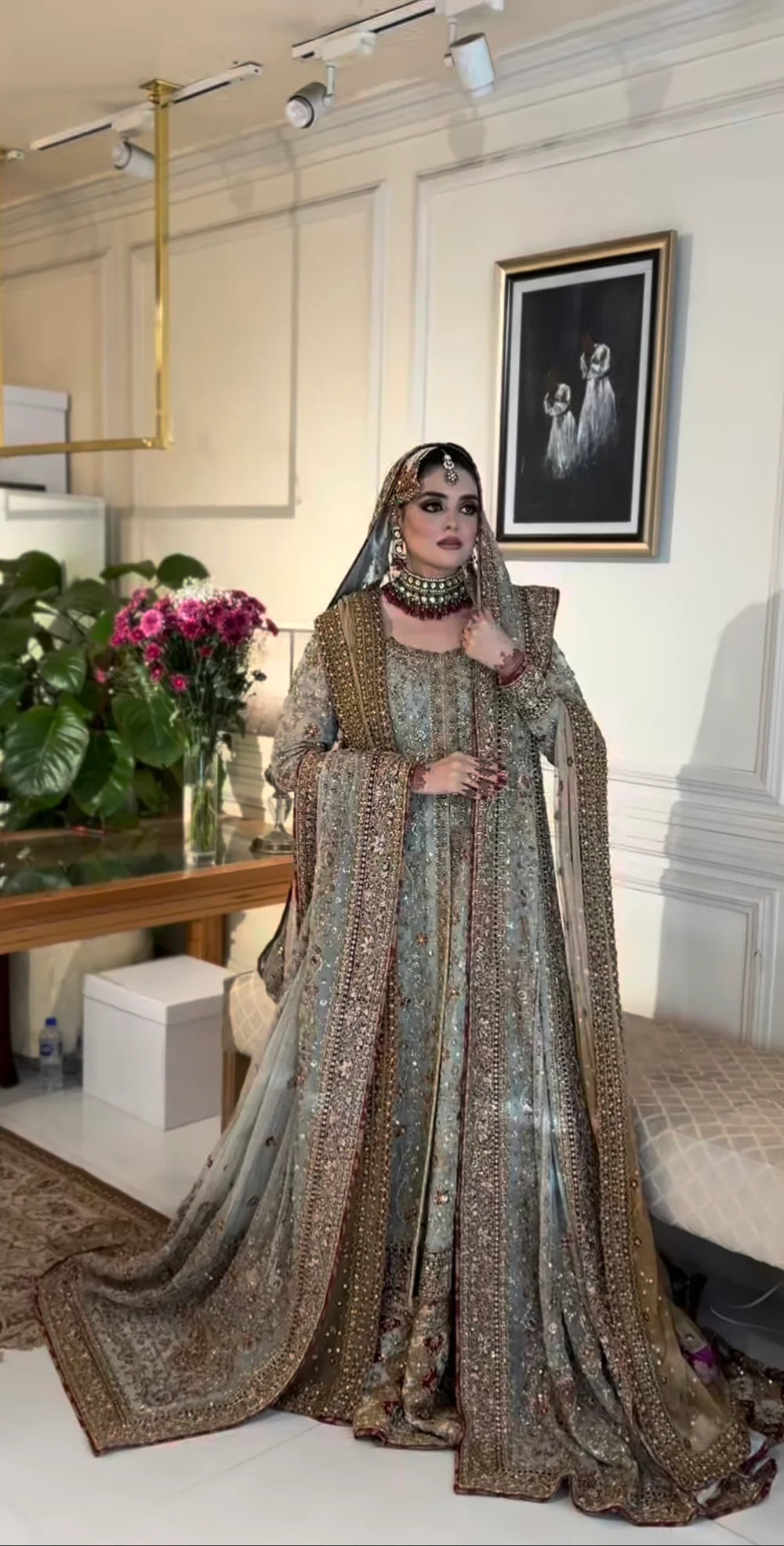 Detailed dupatta border of Cinderella blue bridal dress with heavy embellishment