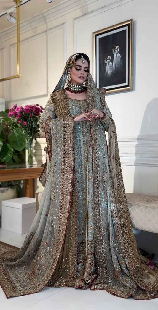 Haris Shakeel Maharani Cinderella blue bridal kalidaar dress with heavy embroidery and dupatta front view